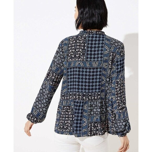 Loft Womens Medium Patchwork Back Peplum Blouse Long Sleeve Shirt Top - Picture 4 of 12